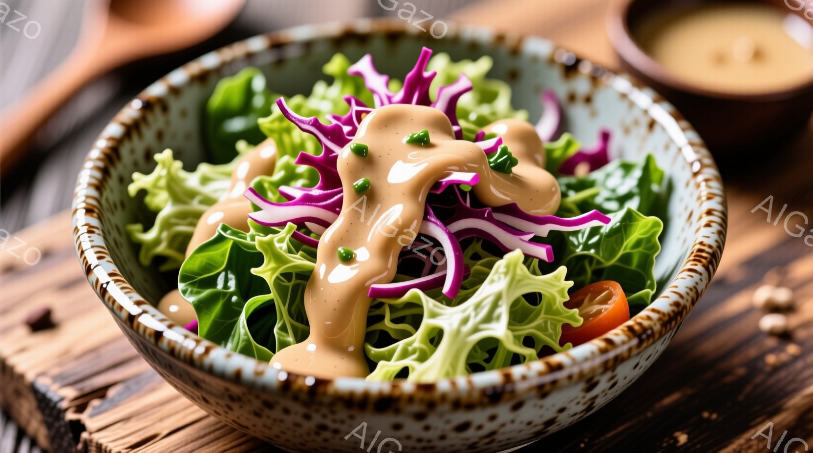 様々な葉野菜と薄切りの紫色の玉ねぎが、テラコッタ色の縁取りがされた浅いボウルに盛り付けられています。明るい茶色の木製トレイの上に置かれ、クリーム色のドレッシングが上からかけられています。背景はぼかされており、食事の鮮やかさと質感が際立っています。