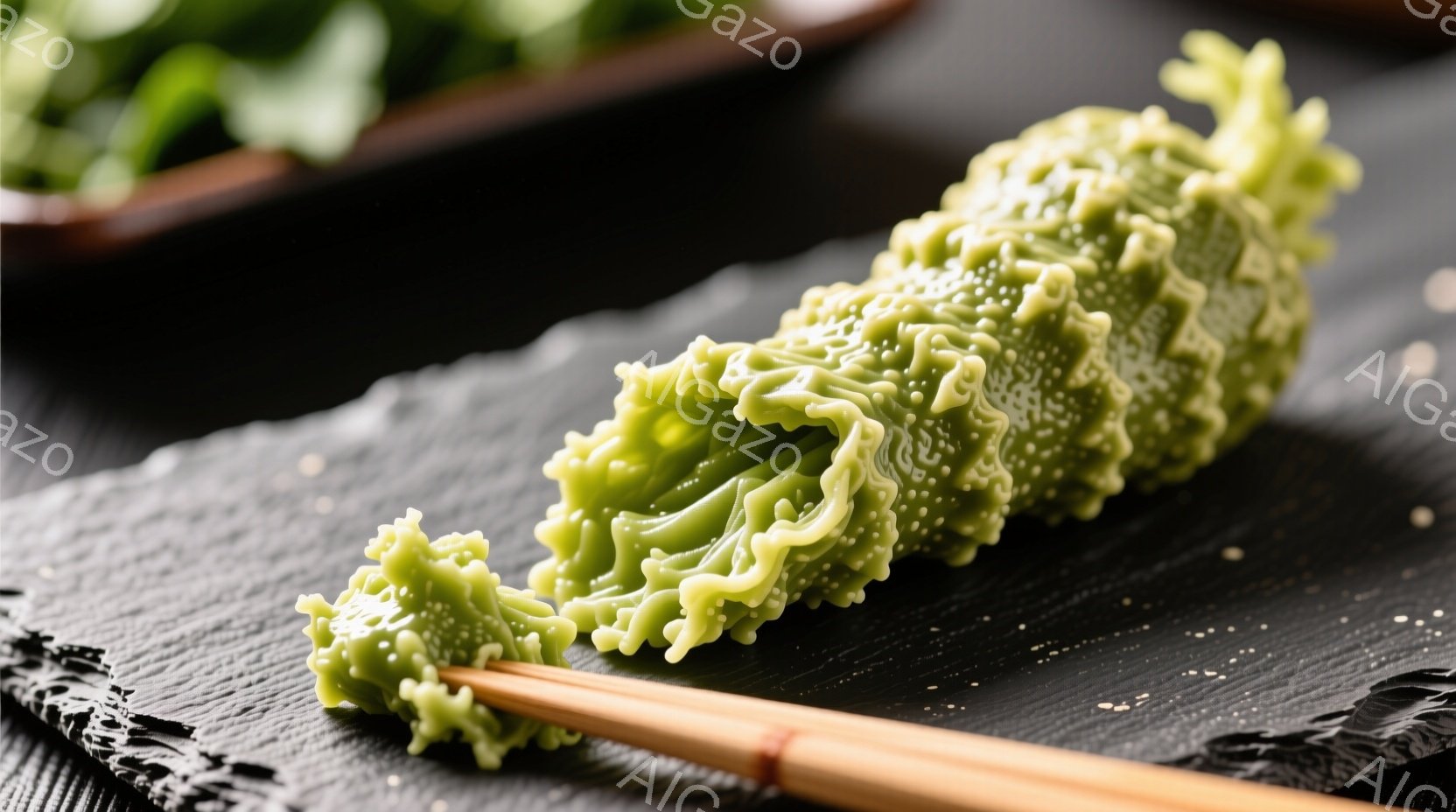 鮮やかな緑色の、葉のような質感が特徴的な和菓子が黒い石板の上に置かれています。隣には竹製の箸が一本添えられており、繊細な手仕事が感じられます。背景は暗く、和菓子がより一層引き立ち、上品で落ち着いた雰囲気を醸し出しています。