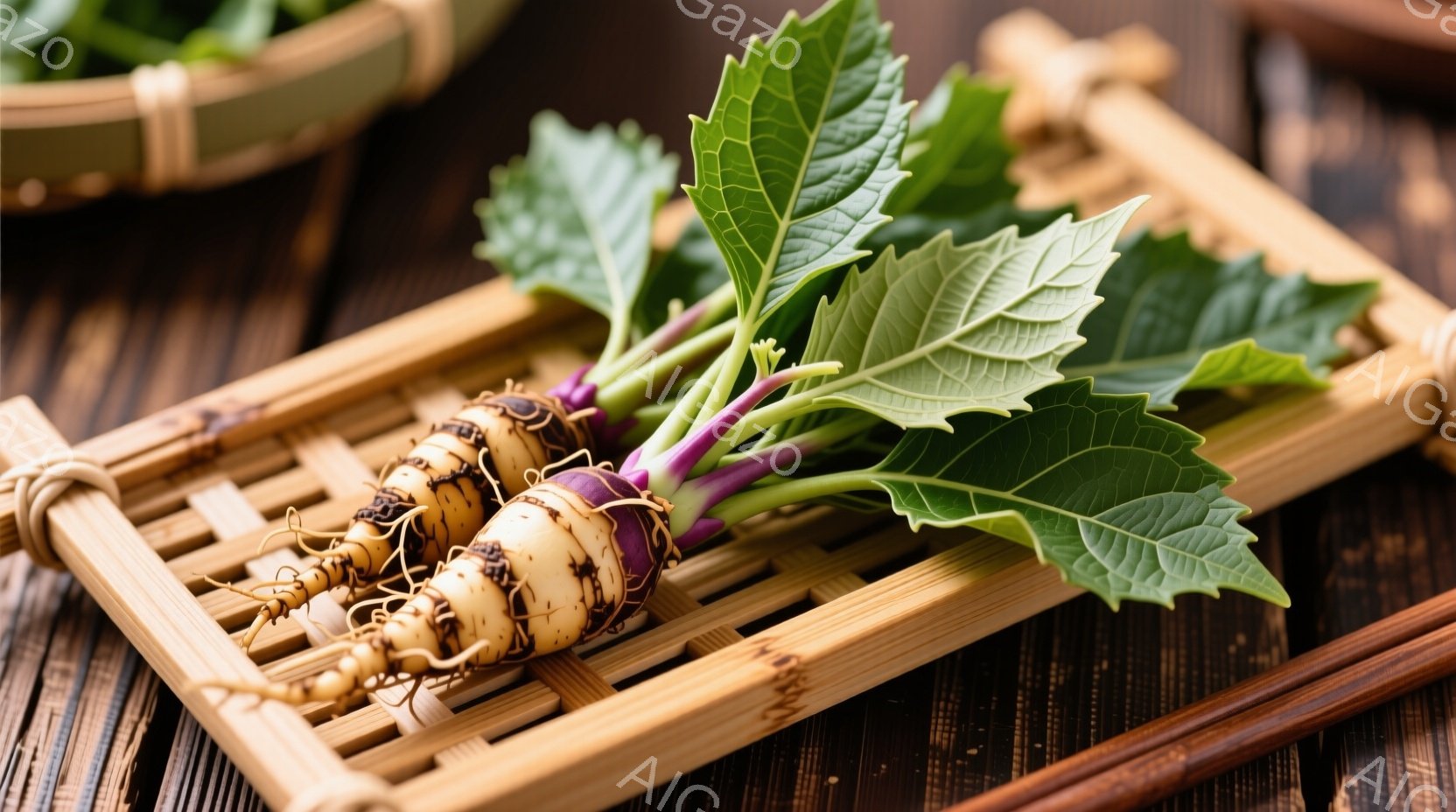鮮やかな紫色の茎と白い根を持つ数本のゴボウが、竹製のザルに乗せられています。ゴボウは葉も付いており、鮮やかで生き生きとしています。背景には木製のテーブルが見え、和風で落ち着いた雰囲気を醸し出しています。