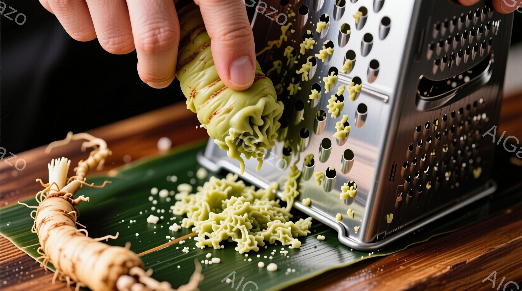 根のような緑色の食材が金属製のすりおろし器にかかっている様子が写っている。食材は細かくすりおろされ、緑色の粉末状のものが、茶色の木の板の上に敷かれた緑の葉の上に散らばっている。手は黒い服を着ており、食材をしっかりと握って、すりおろし器に向かって力を込めている。