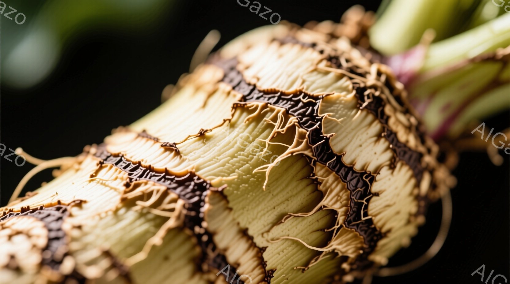 濃い緑色の背景に、黄色みがかった植物の茎がクローズアップで写っている。茎は複雑な模様で覆われ、茶色の線状の構造が不規則に絡みついている。光の当たり方から、茎の表面には細かい凹凸があり、生命力と独特の質感が感じられる。