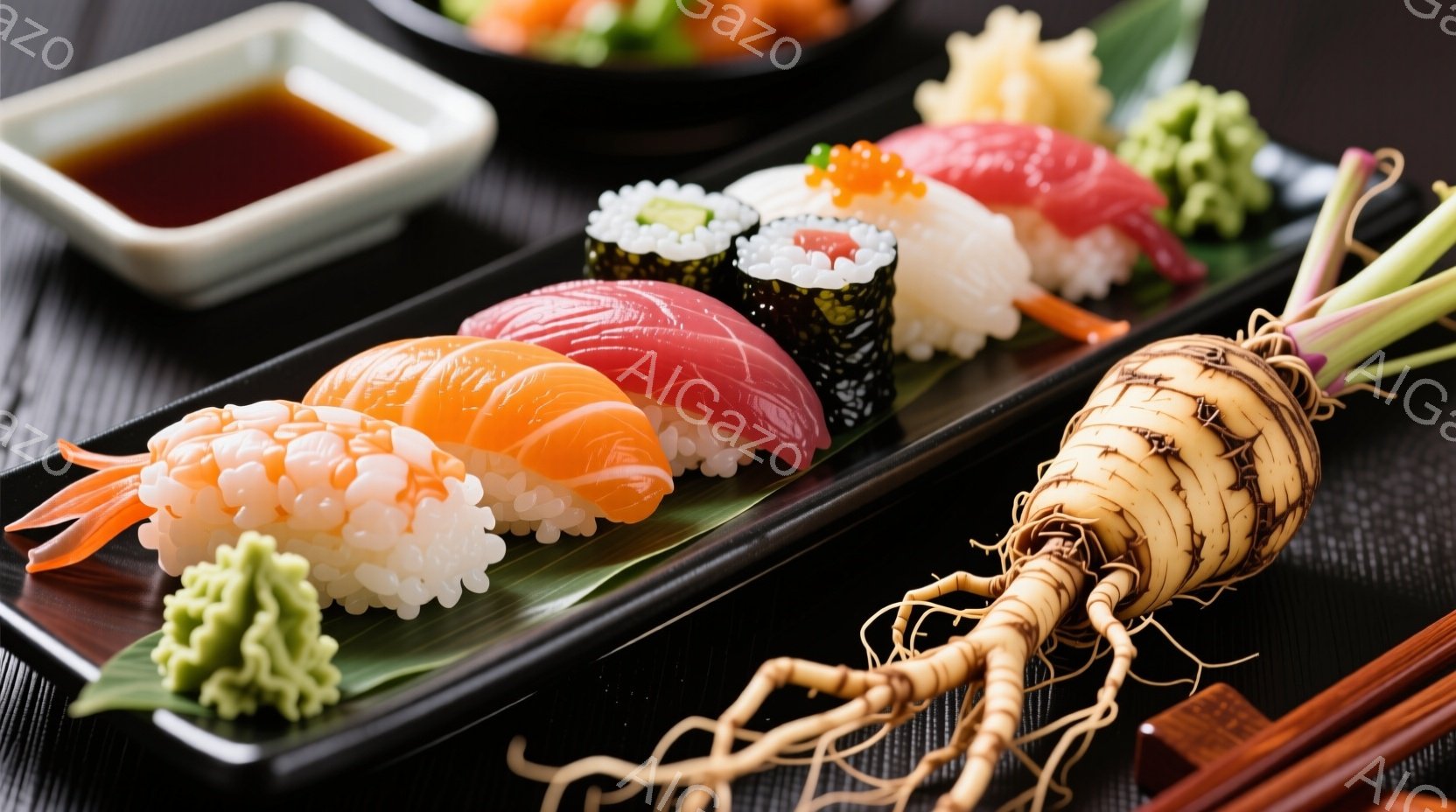 黒い皿に、様々な寿司が並べられています。エビ、サーモン、マグロ、イカなどのネタが彩り豊かに盛り付けられ、わさびとガリが添えられています。背景にはおろし生姜と醤油皿が見え、新鮮で食欲をそそる雰囲気が漂っています。