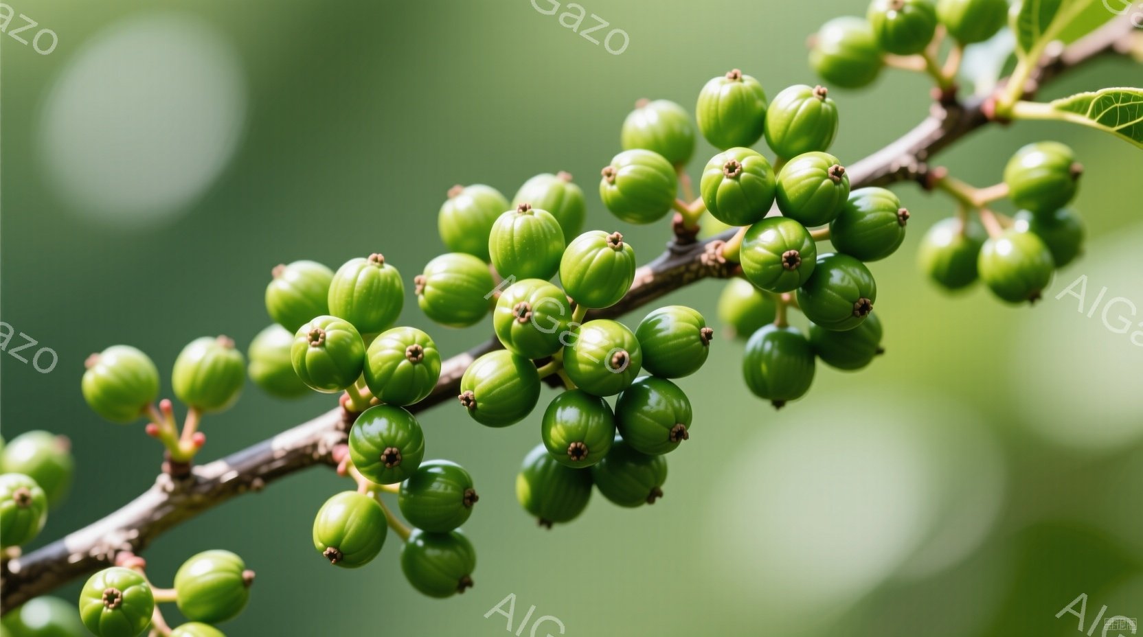 鮮やかな緑色の小さな実が枝に密集して並んでいる。背景はぼやけた緑色で、自然光が柔らかく実を照らし出している。春や初夏の穏やかな自然を感じさせる、生命力にあふれた様子が印象的だ。 - AI生成フリー素材
