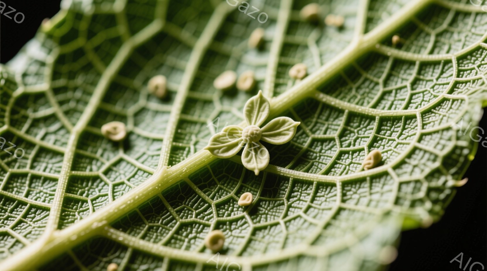 鮮やかな緑色の葉脈が細かく見える、植物の葉のクローズアップ写真です。葉の表面には小さな黄色の突起物が散らばり、中央には開花したばかりの淡い黄色の花が配置されています。背景は暗く、葉のテクスチャと繊細な - AI生成フリー素材
