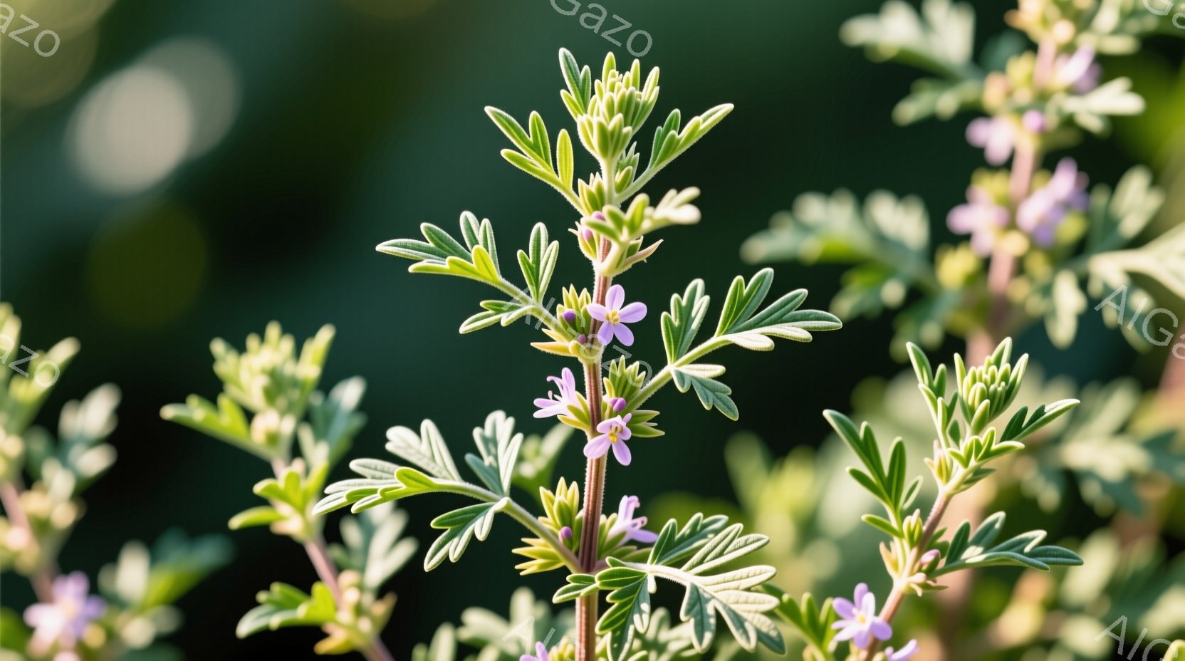 鮮やかな緑色の葉と小さな薄紫色の花が密集した植物のクローズアップです。茎は赤みを帯びており、葉の縁にはわずかに白い縁取りが見られます。背景はぼやけた緑色で、自然光が優しく差し込み、植物の鮮やかさを引き立てています。