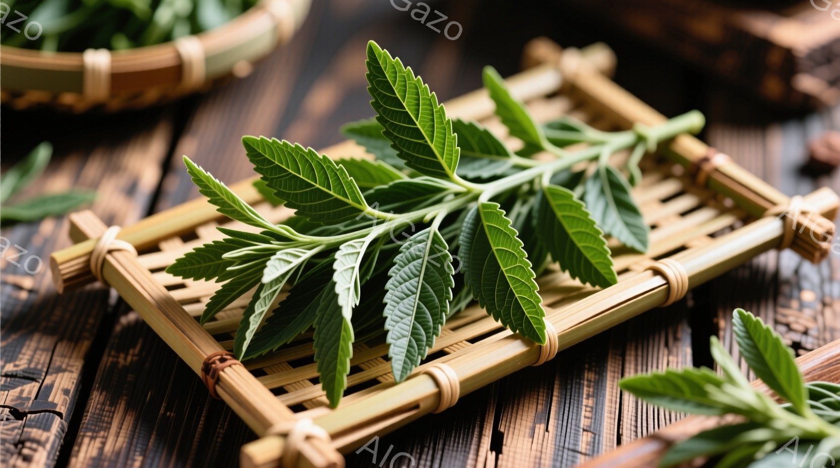 鮮やかな緑色の蓬（よもぎ）が、竹製の網目状の敷物の上に置かれています。背景には、同じ蓬が盛られた籠と、濃い木目のテーブルが見え、和風で落ち着いた雰囲気を醸し出しています。全体的に自然で素朴な印象を与え - AI生成フリー素材