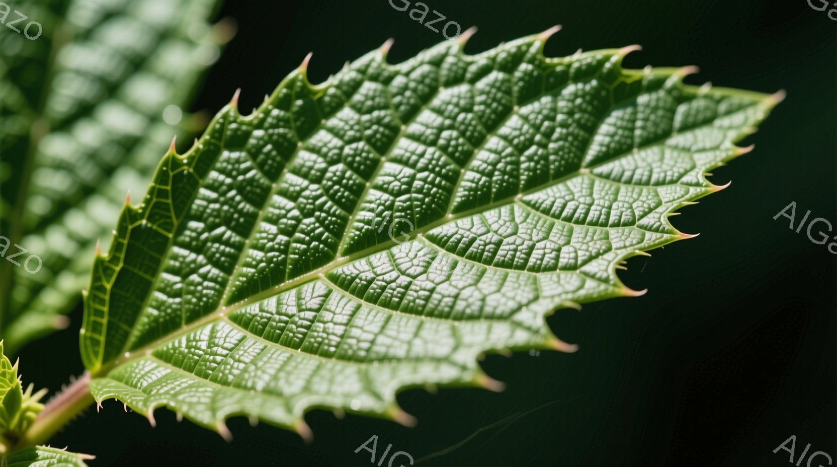 鮮やかな緑色の葉がクローズアップで写されており、葉脈が細かくはっきりと見える。葉の縁はギザギザとしており、光の加減で葉の表面に影が入り、立体感が強調されている。背景は暗くぼやけており、葉が際立って見え - AI生成フリー素材