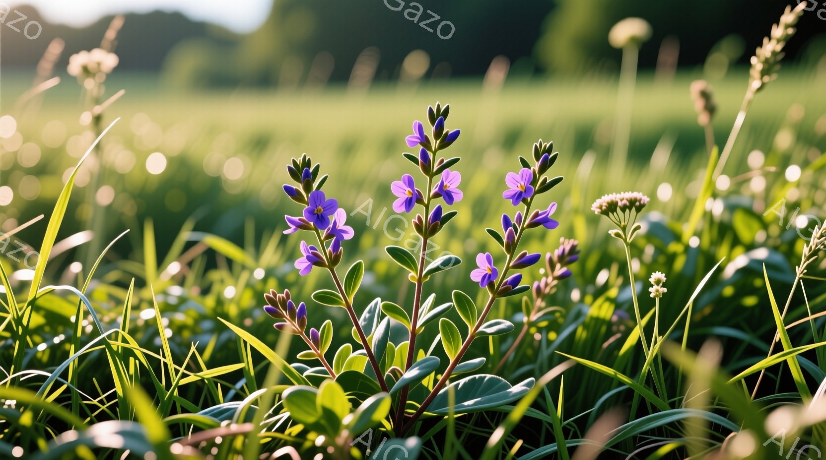 鮮やかな紫色の花が緑豊かな草むらの間に咲き誇っている。背景はぼやけた緑色で、日が差し込み、花に柔らかい光が当たっている。全体的に、暖かく穏やかな自然の雰囲気を感じさせる、牧歌的な風景写真である。