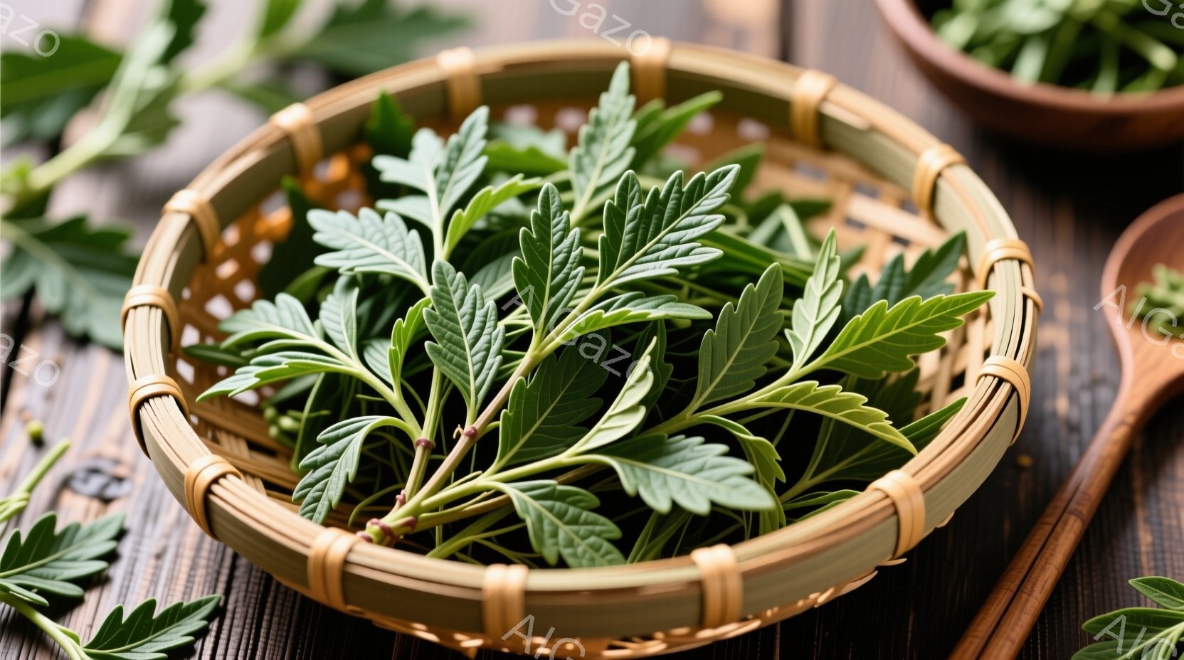 竹編みの丸い籠に詰まった、鮮やかな緑色の蓬（よもぎ）が写っています。背景は木目の美しい茶色のテーブルで、左側には一部が写る別の容器と箸が見えます。全体的に自然で落ち着いた雰囲気で、和食や薬草を連想させ - AI生成フリー素材