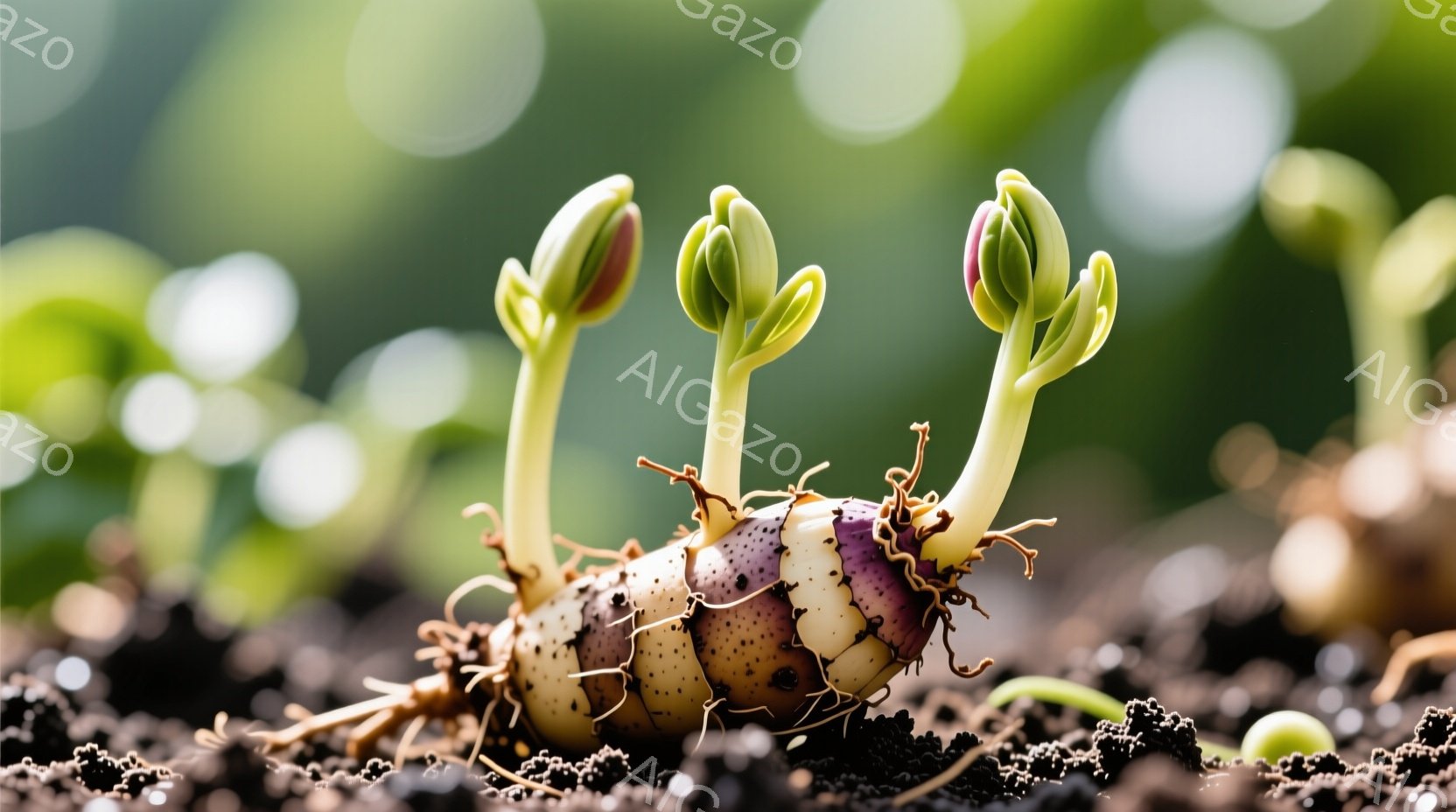湿った土から芽を出したジャガイモの塊茎が写っている。紫色の塊茎からは、緑色の若葉が三本生え、根も確認できる。背景は緑色の植物がぼやけており、春の穏やかな陽光の下で生命の息吹を感じさせる。