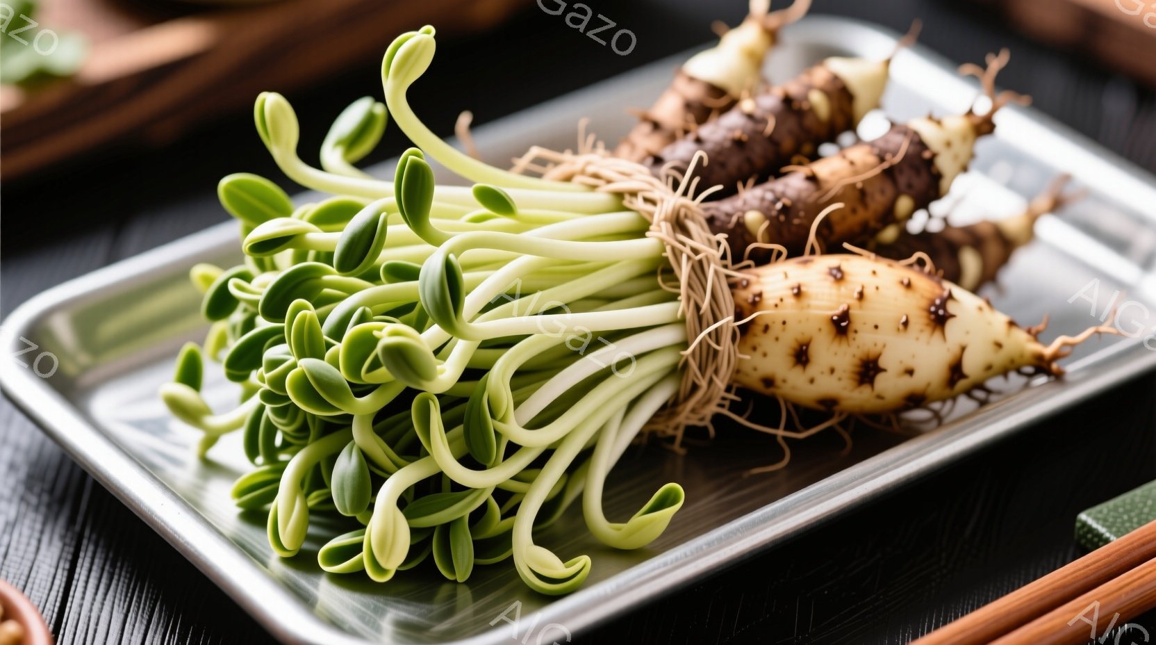 浅い金属製の皿に、発芽した大豆とレンコンが並べられています。大豆の発芽は鮮やかな緑色で、レンコンは土が付いたままの自然な色合いです。背景には竹製の箸や緑色の布が見え、和食の食卓を思わせる落ち着いた雰囲気が漂っています。