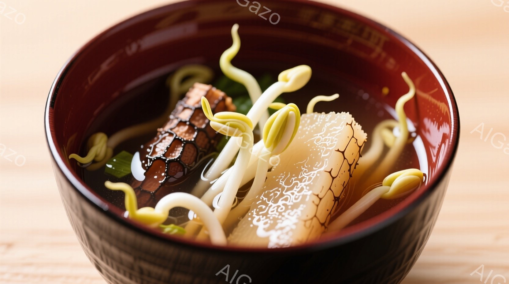 漆塗りの茶碗に、醤油ベースの汁物が入っており、太めの麺、チャーシュー、ネギ、そしてもやしが彩りを添えています。麺はスープに浸り、チャーシューは艶やかで、もやしの緑が鮮やかさを加えています。全体的に温かみのある、家庭的な雰囲気の料理写真です。