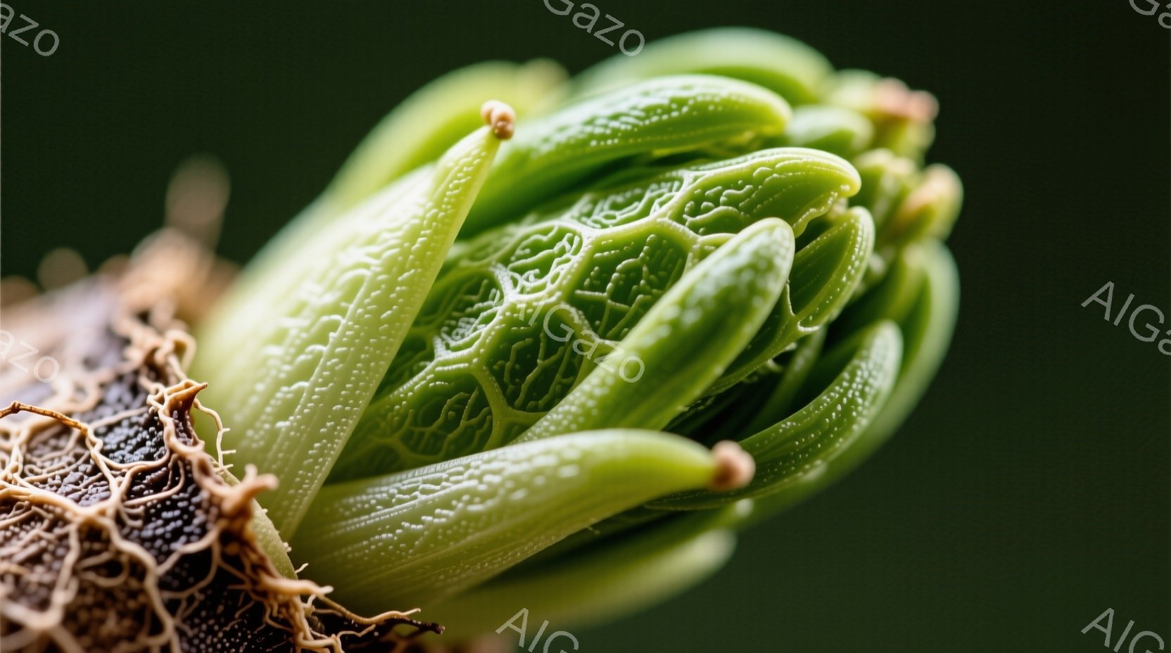 鮮やかな緑色の植物が、複雑な網目状の葉を幾重にも重ねて咲き誇っている。その葉は、わずかに透き通るように薄く、光を受けて生き生きとした輝きを放っている。背景は暗緑色で、植物の鮮やかさを際立たせ、神秘的な雰囲気を醸し出している。