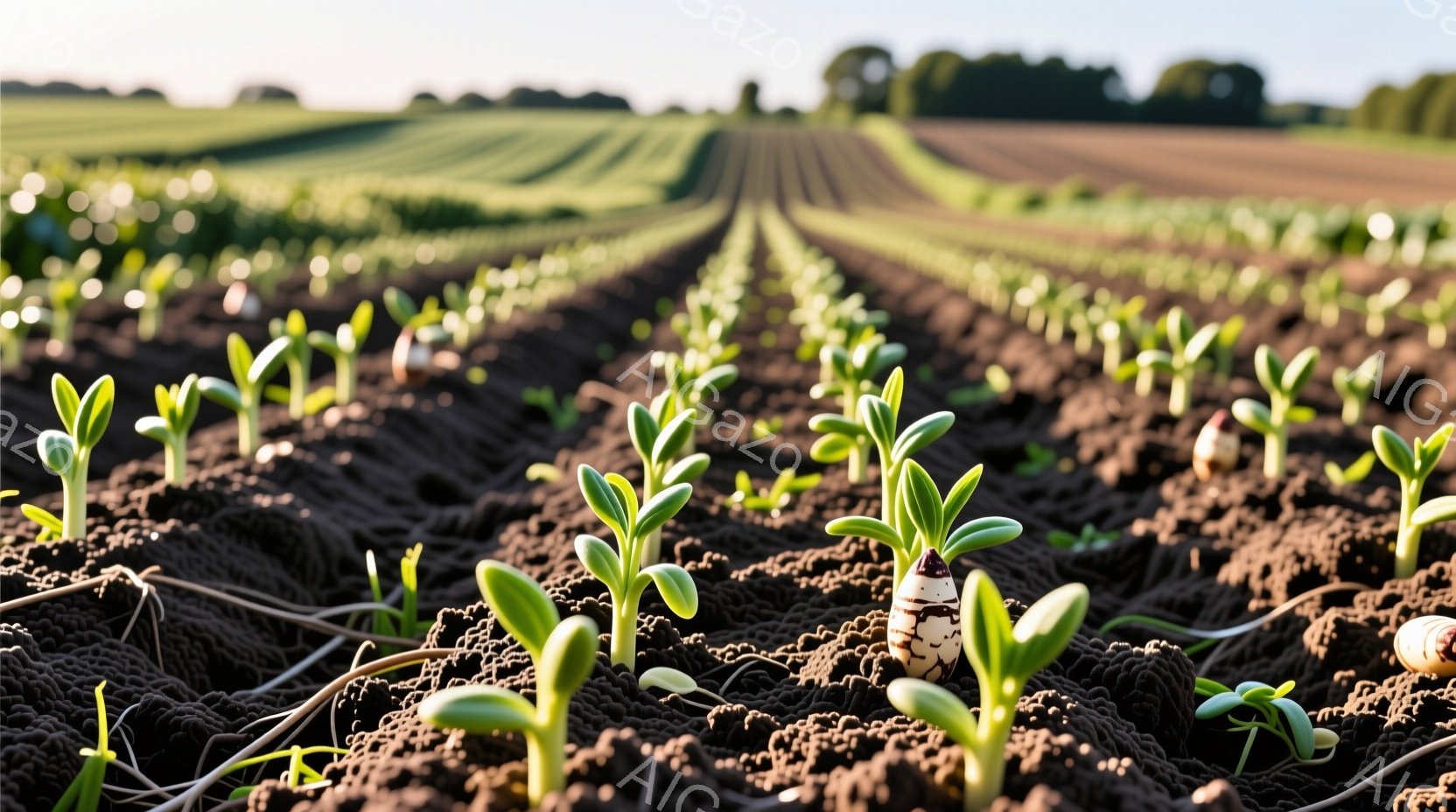 畑には、緑の芽が整然と列をなして生えています。暗褐色の土が広がり、遠くには緑豊かな木々が見え、空は穏やかな光に包まれています。全体的に、新芽が力強く育つ生命力に満ちた、希望に満ちた雰囲気の画像です。