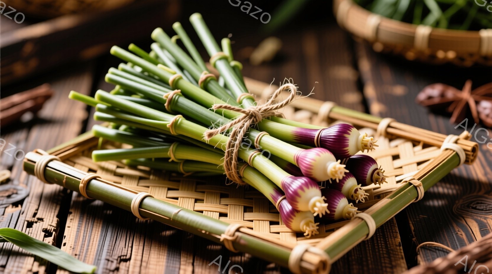鮮やかな緑色と紫色のグラデーションが美しいニラが、竹製の編み籠の上に束ねられて置かれています。背景には木製のテーブルが広がり、自然な色合いが食欲をそそります。全体的に素朴で温かみのある雰囲気で、料理に - AI生成フリー素材