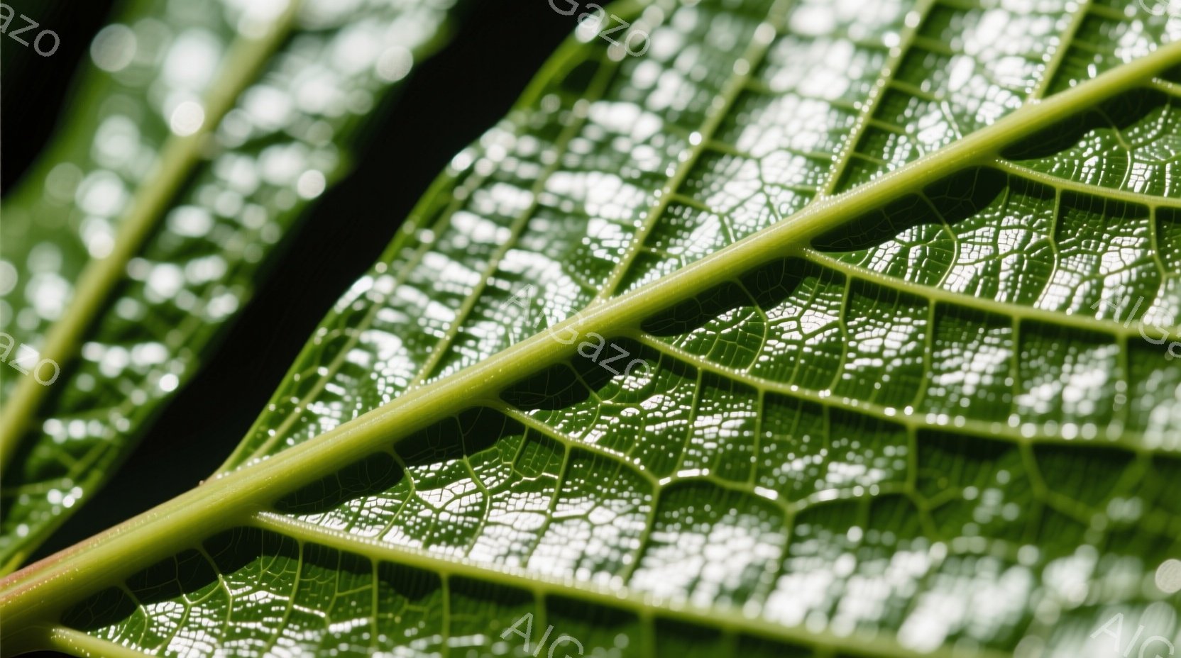 鮮やかな緑色の葉脈がはっきりと見える葉のクローズアップです。葉は光に透けており、細かく複雑な葉脈のネットワークが、まるでステンドグラスのように見えます。背景はぼやけていますが、葉の緑と光のコントラスト - AI生成フリー素材
