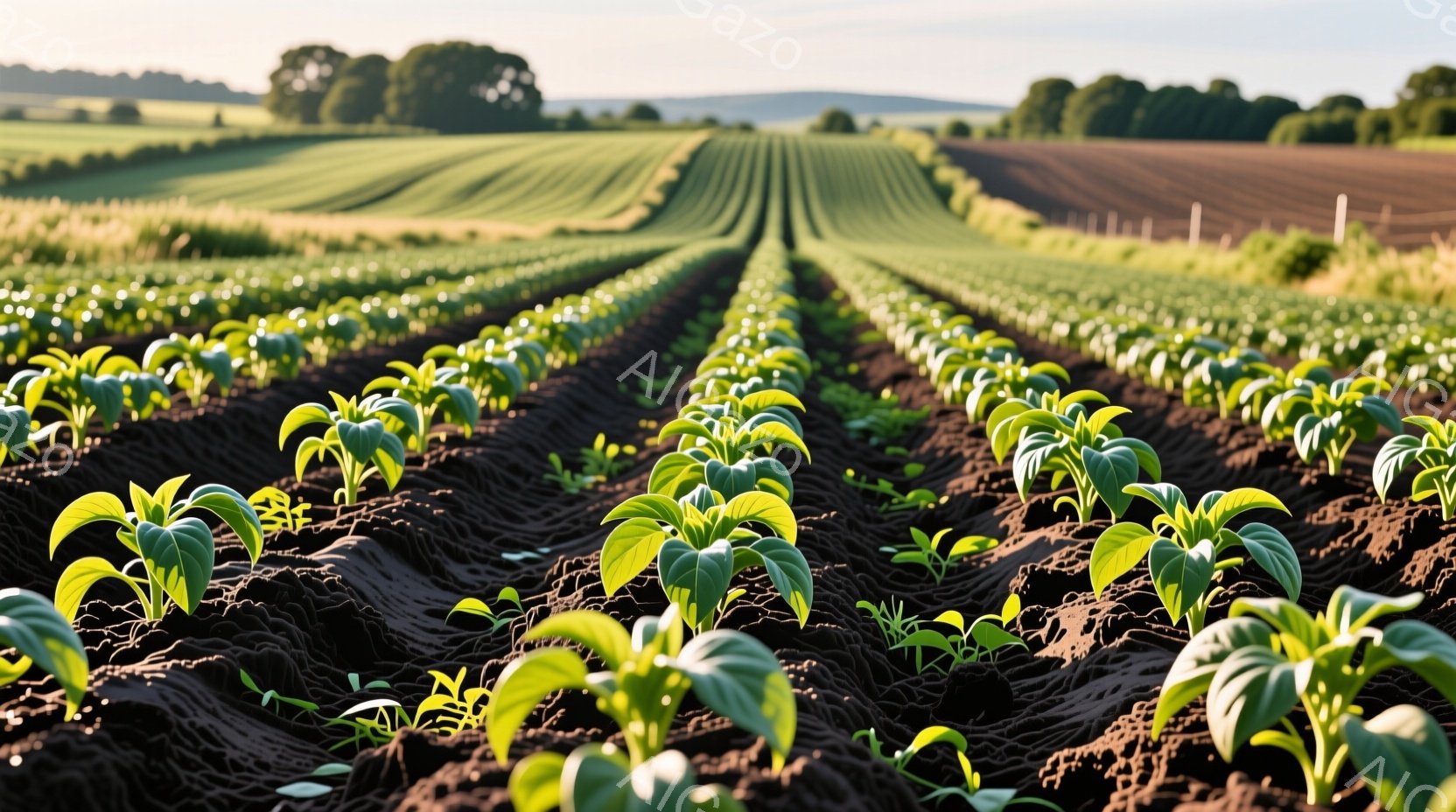 畝が整然と並んだ畑が広がり、新緑の苗が規則的に植えられている様子が捉えられている。背景には、緑豊かな木々が生い茂る丘陵が連なり、穏やかな日差しが畑全体を照らしている。全体的に、生命力と希望に満ちた、のどかな田園風景が印象的である。
