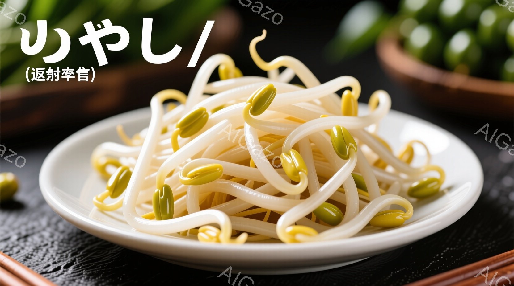 白い丸い皿に、新鮮な大豆の芽が山のように盛り付けられています。芽は淡い緑色で、細長く、丸い豆と繋がっています。背景には、木製のトレイとわずかに緑の葉が見え、全体的にシンプルで自然な雰囲気が漂っています。