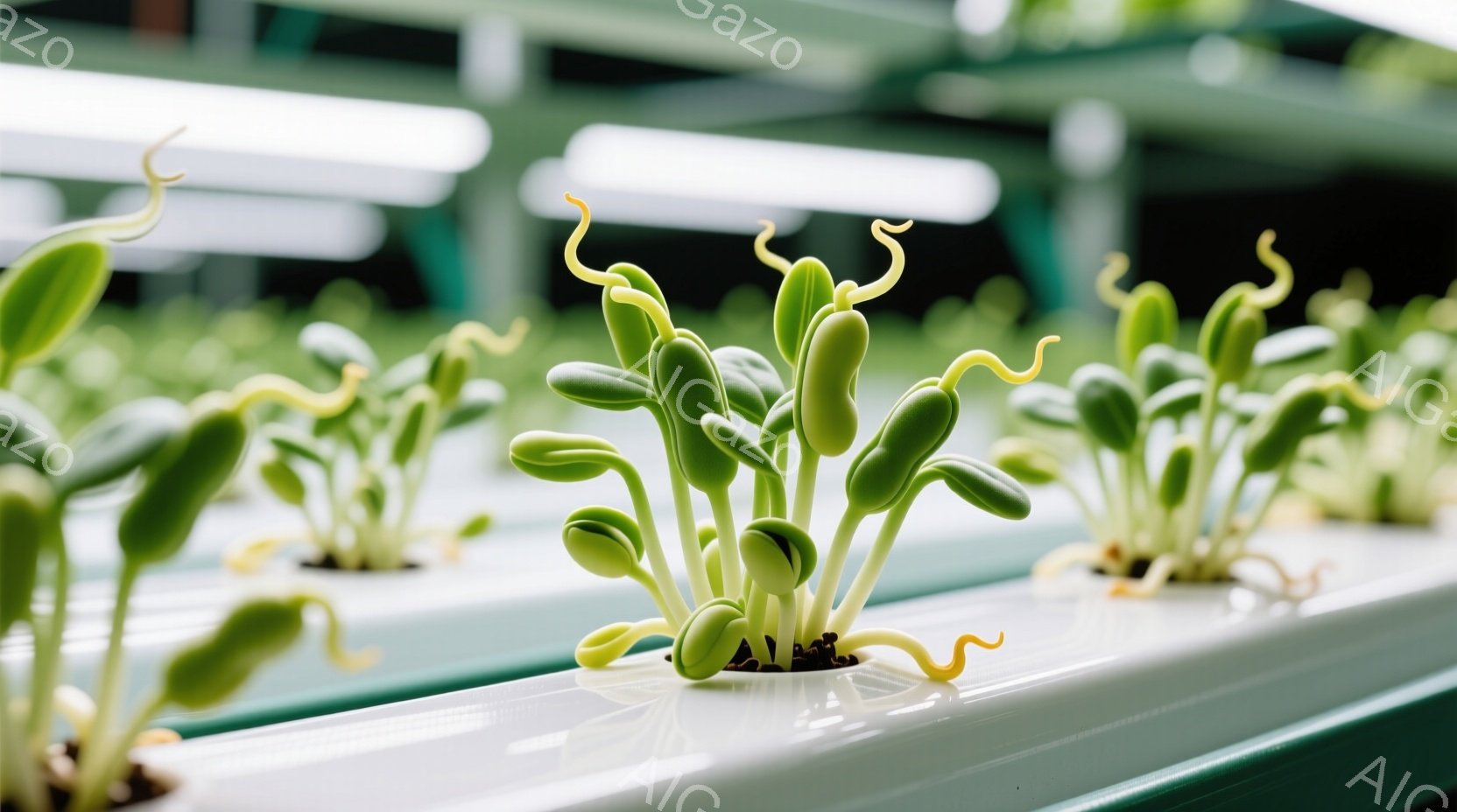 鮮やかな緑色の豆苗が、黒い容器に密集して並んでいる様子が捉えられています。白い台と緑色の枠組みが背景にあり、豆苗は成長段階にあるようで、根が伸び、葉が展開し始めているのがわかります。全体的に、整然とした栽培環境で、生命力溢れる成長の様子が伝わってきます。