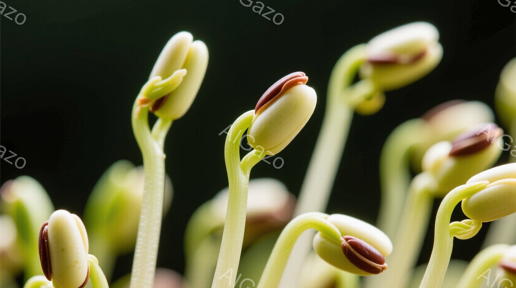鮮やかな緑色の茎が何本も地面から伸びており、それぞれの先端には、茶色と白の丸い種子がついています。種子はまるで小さな腕のように茎に抱かれ、空に向かって伸びようとしています。背景は暗い緑色で、種子の成長と生命力を際立たせています。