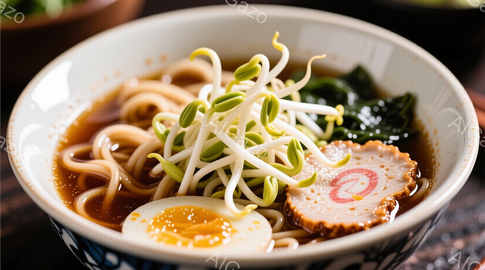 漆黒の丼に、醤油色のスープが注がれ、湯気が立ち上っている。その中には、細めの麺、チャーシュー、半分に切られた煮卵、そして鮮やかな緑の豆芽が彩りを添えている。全体的に温かみのある色合いで、食欲をそそる一杯のラーメンが描かれている。