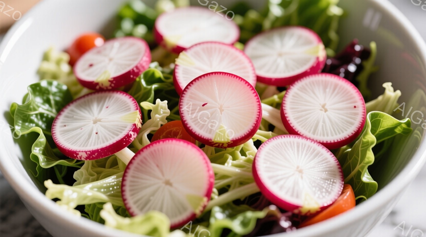 白いボウルに、薄くスライスされた大根が並べられています。周りには、緑色のレタスや紫色の野菜が混ざり合い、サラダの鮮やかな色彩を引き立てています。全体的に明るく清潔感のある雰囲気で、食欲をそそる構図です。