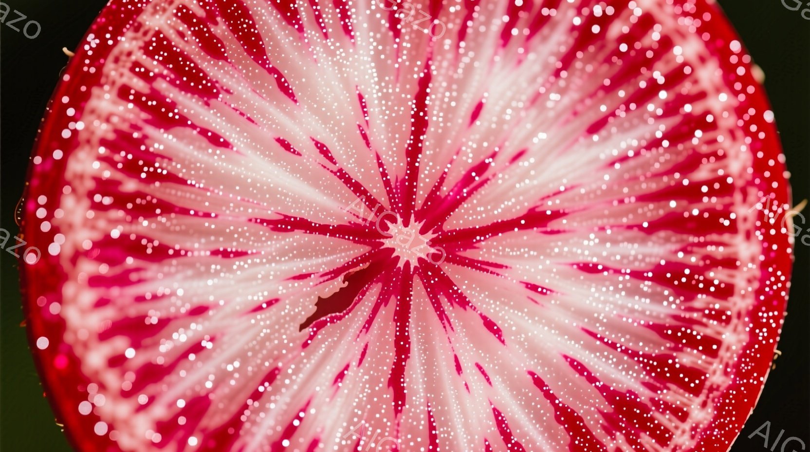 鮮やかな赤と白の対比が美しい、大根の断面が画面全体を占めている。中心から放射状に広がる白い模様は繊細で、まるで万華鏡のような印象を与える。背景はぼやけており、大根の断面が際立って見える。