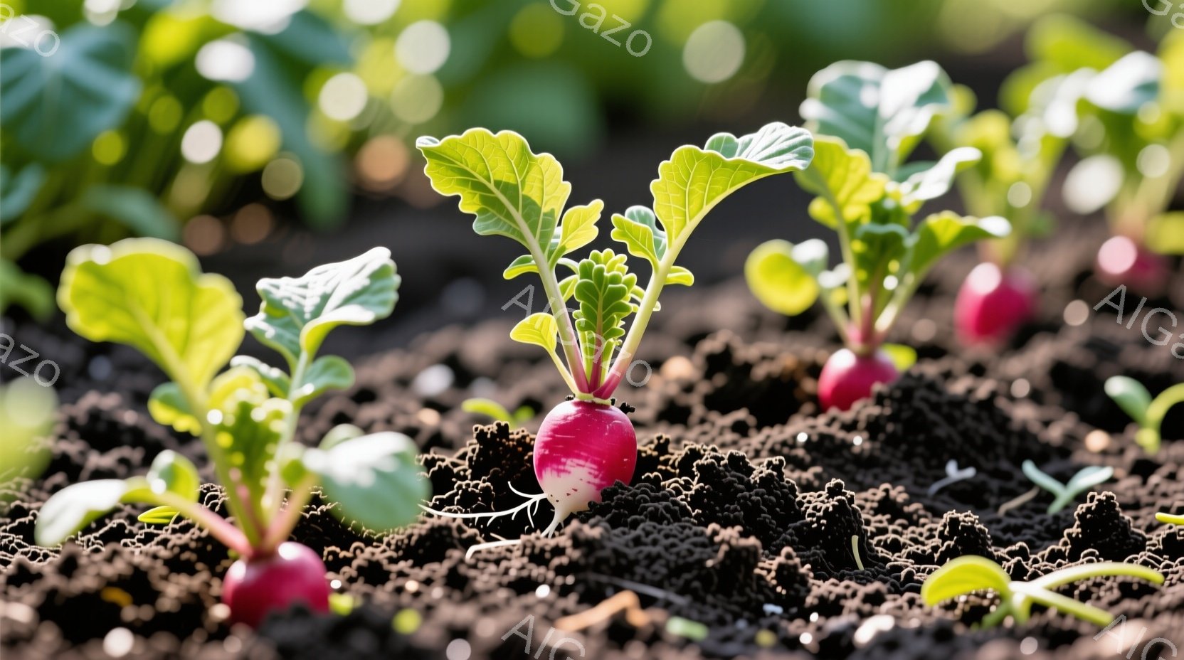 赤土に育つ小さな赤かぶが写っている。鮮やかなピンク色の根の部分と、緑色の葉が対照的で、土の黒さも際立っている。背景はぼやけており、他の植物もわずかに見えるが、赤かぶがメインの被写体として際立っている。