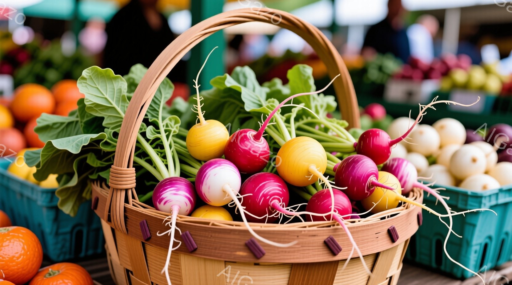 籠には赤、紫、黄色などの色とりどりのカブが、緑色の葉とともにぎっしりと詰まっています。背景には、同じようにカブやオレンジ色の野菜が並んだ青いプラスチックの箱が見え、市場や農産物直売所のような場所である - AI生成フリー素材