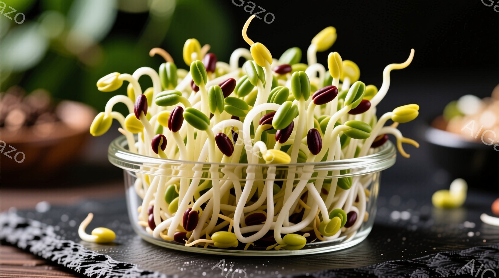 ガラス製の容器に、白く細長い豆の芽と、少し赤みがかった芽が密集して生えています。容器の下には黒いレース編みのマットが敷かれ、背景は木製のテーブルとぼやけた自然の風景で、全体的に健康的で自然な雰囲気を醸し出しています。豆の芽は、成長の象徴であると同時に、食卓に彩りを添える食材としての魅力を感じさせます。