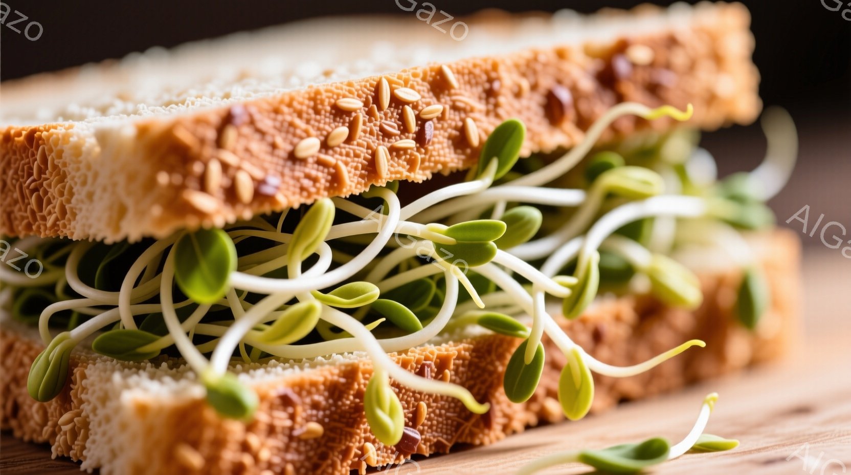 全粒粉パンで挟まれた若芽のサンドイッチが、木製のテーブルの上に置かれている。パンの表面には、さまざまな種子が散りばめられており、若芽の鮮やかな緑色が際立っている。全体的に、健康的でナチュラルな雰囲気を感じさせるクローズアップ写真である。