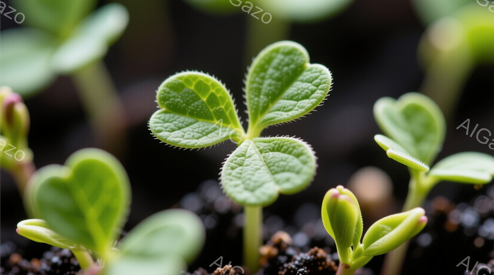芽吹きの植物が土から顔を出し、生命力を感じさせるクローズアップ写真です。葉は鮮やかな緑色で、繊細な葉脈がはっきりと見えます。背景は暗い土の色で、芽の緑色が際立っており、新芽の成長と希望を感じさせる静か - AI生成フリー素材
