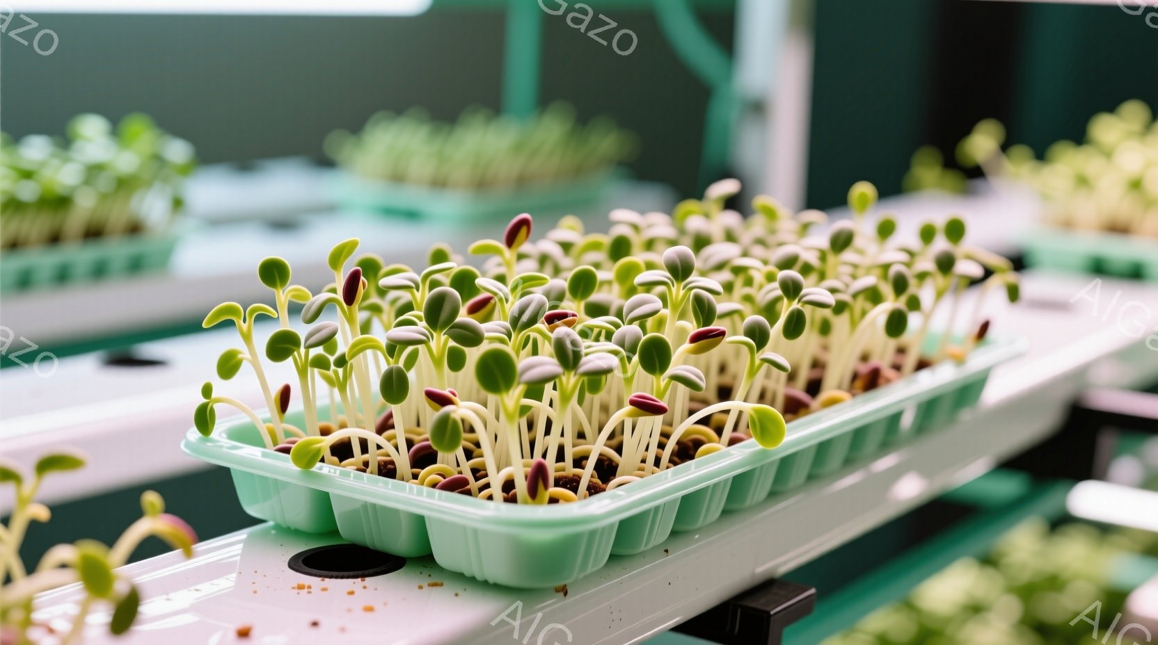 浅緑色のトレーに、発芽したばかりの小さな芽がたくさん並んでいます。根は土の中に伸び、小さな双葉と、赤みを帯びた茎が可愛らしいです。背景には同じようなトレーが並び、室内で植物を育てている様子が伺えます。
