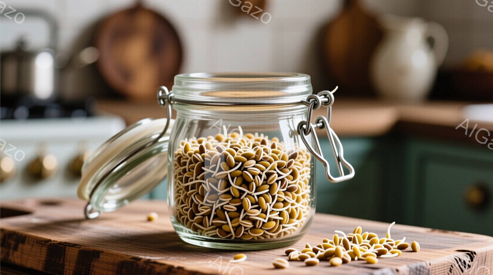 浅い木製の板の上に、蓋が開いたガラスの瓶が置かれており、中には発芽した豆がぎっしりと詰まっています。瓶の周りには、こぼれ落ちた豆がいくつか見られ、背景には緑色のキャビネットとステンレス製の調理器具がぼんやりと見えます。全体的に、健康的で自然なライフスタイルを連想させる、温かく穏やかな雰囲気です。