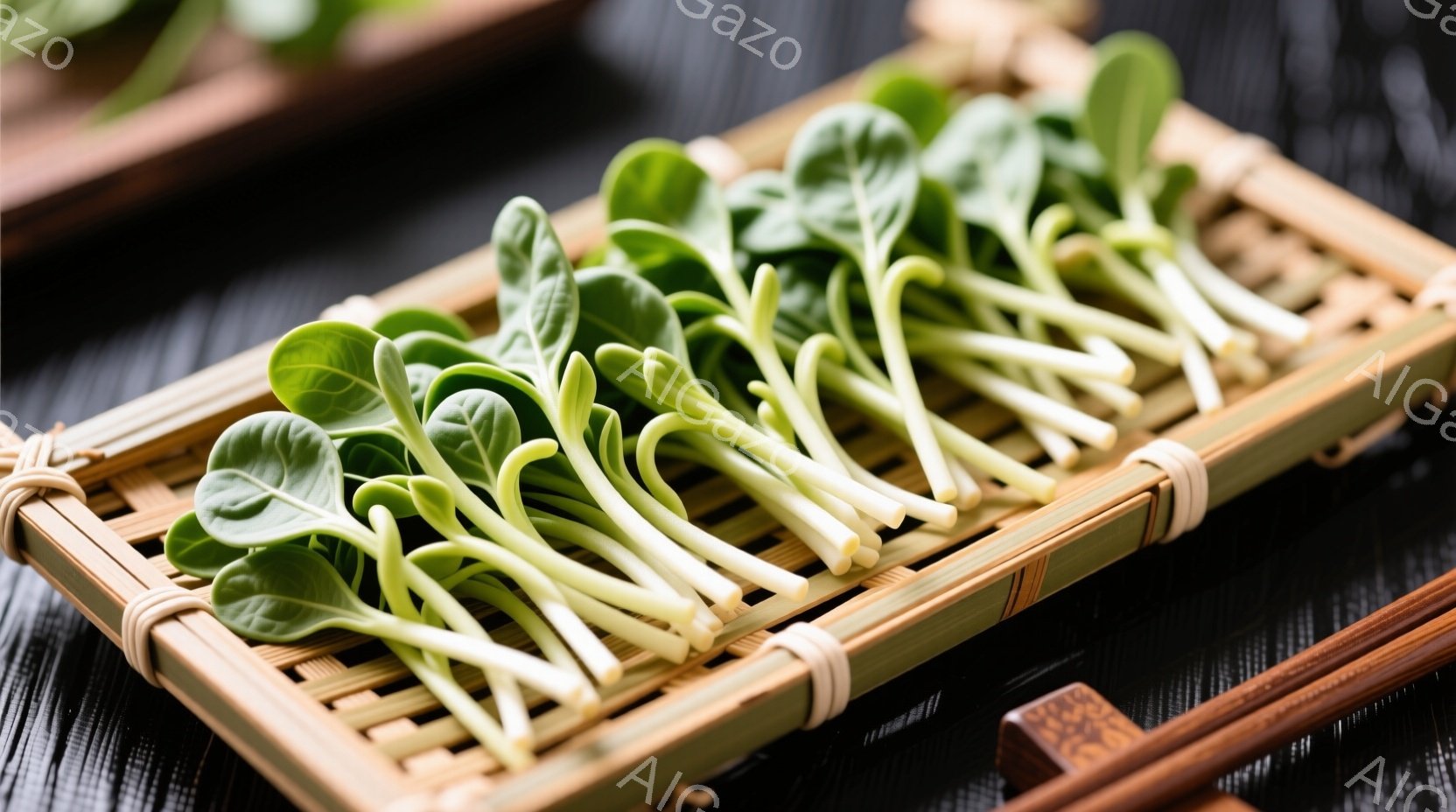 鮮やかな緑色の若い野菜が、竹製の網目状の器に整然と並べられています。背景には、竹製の敷物と箸が見え、日本の食文化を感じさせます。全体的に、シンプルで自然な雰囲気で、食材の新鮮さが際立っています。