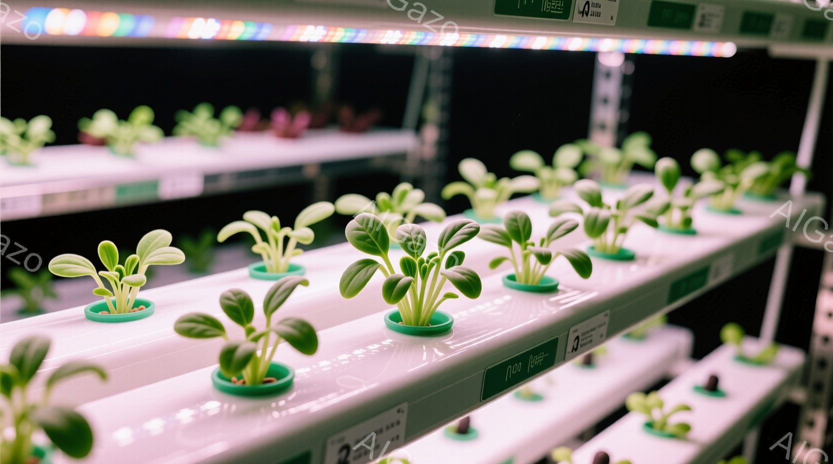 水耕栽培システムで育てられた若い葉野菜の密集した列を示しています。鮮やかな緑色の葉は、白いプラスチック容器の中に整然と並び、上部には明るいLEDライトが設置されています。このシステムは、制御された環境下での植物栽培の効率性と美しさを強調しています。