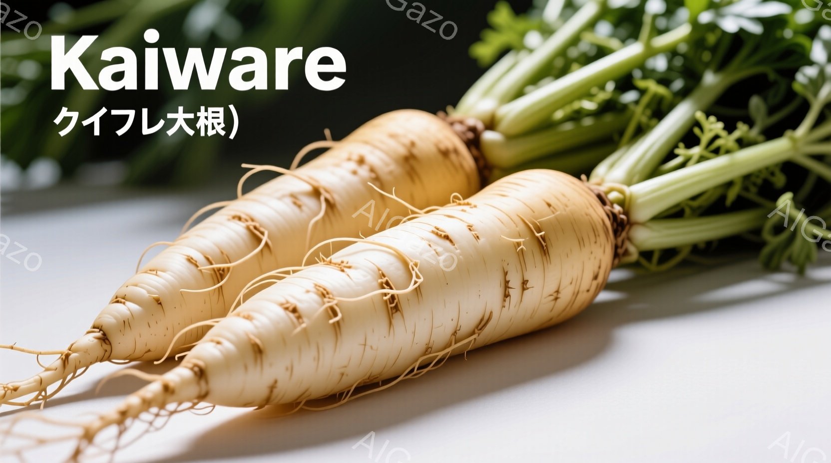 白くて細長い大根が三本、浅い灰色または白の背景に横たわっています。根元には細かい根が絡みつき、緑色の葉が上部から生えています。全体的に清潔でシンプルな印象で、食材としての新鮮さを強調しています。 - AI生成フリー素材