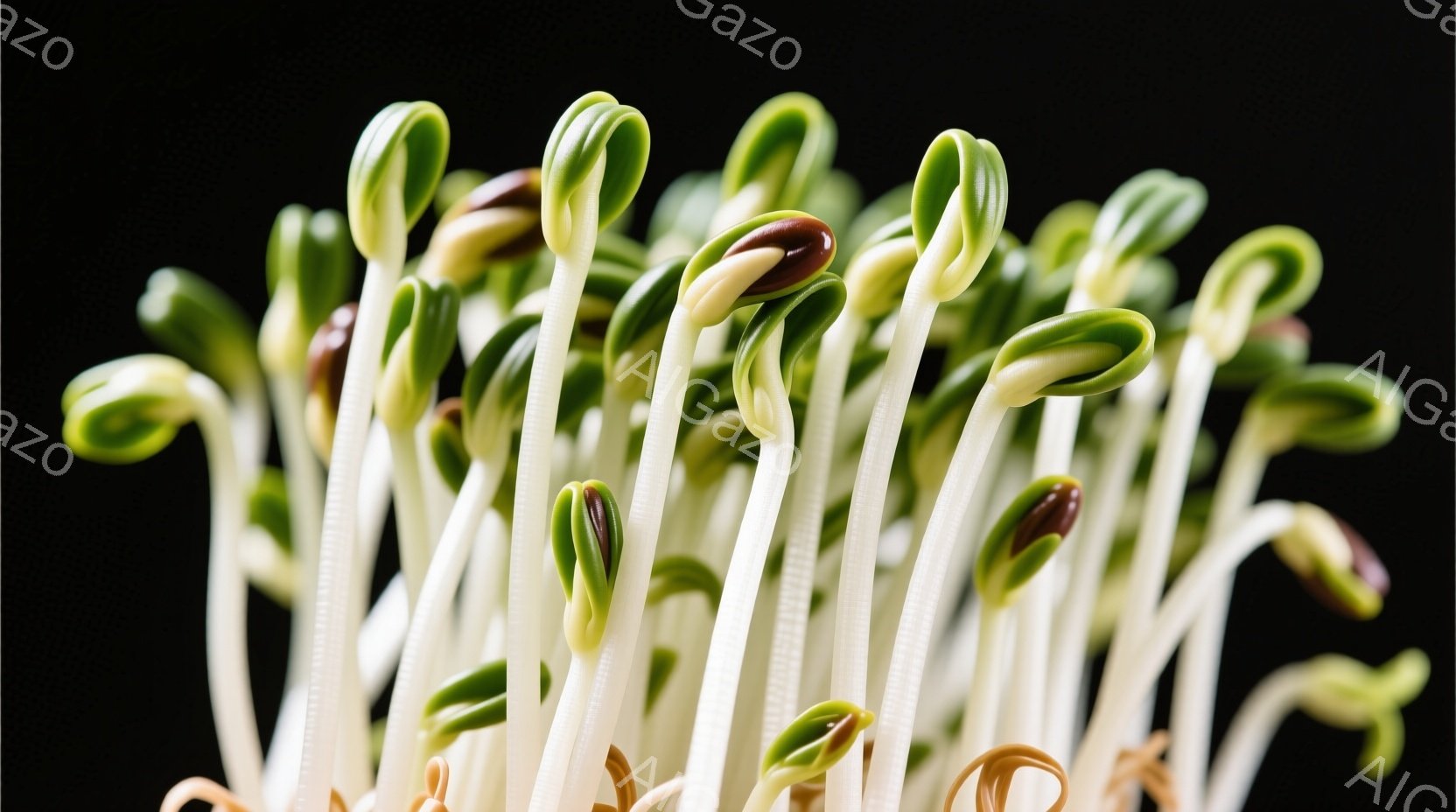 漆黒の背景に、発芽した豆の芽が密集して写っています。白い根のような部分から伸びる、緑色の葉と茶色の豆のコントラストが鮮やかで、生命の息吹を感じさせます。全体的に、成長と希望を象徴する、力強い印象を与える写真です。