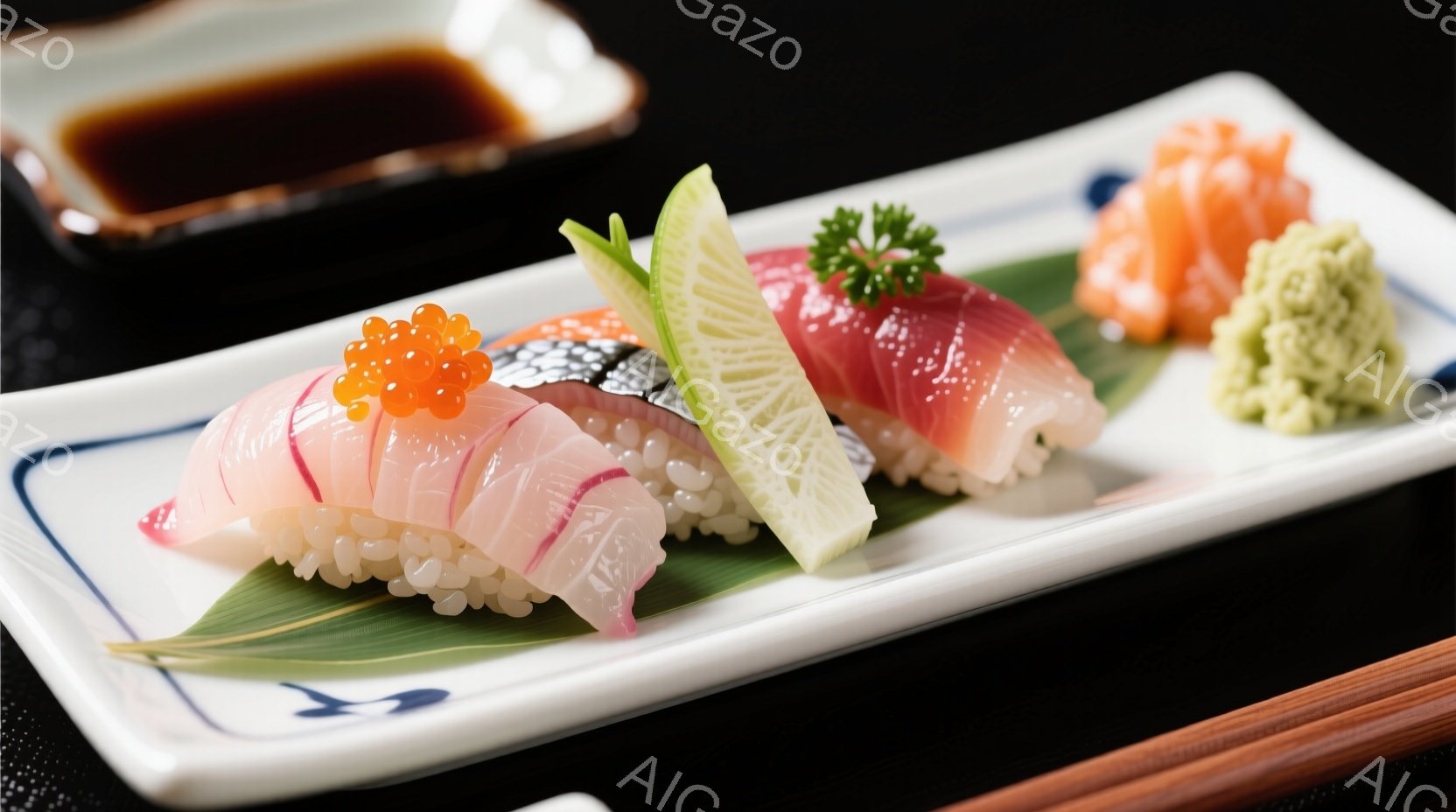 白い長方形の皿に、様々な種類の寿司が美しく盛り付けられています。サーモン、マグロ、イカの刺身を乗せた寿司に、緑色の葉とピンク色の生姜が添えられ、鮮やかな色彩が食欲をそそります。黒い背景と、奥に見える箸が、上品で落ち着いた雰囲気を醸し出しています。