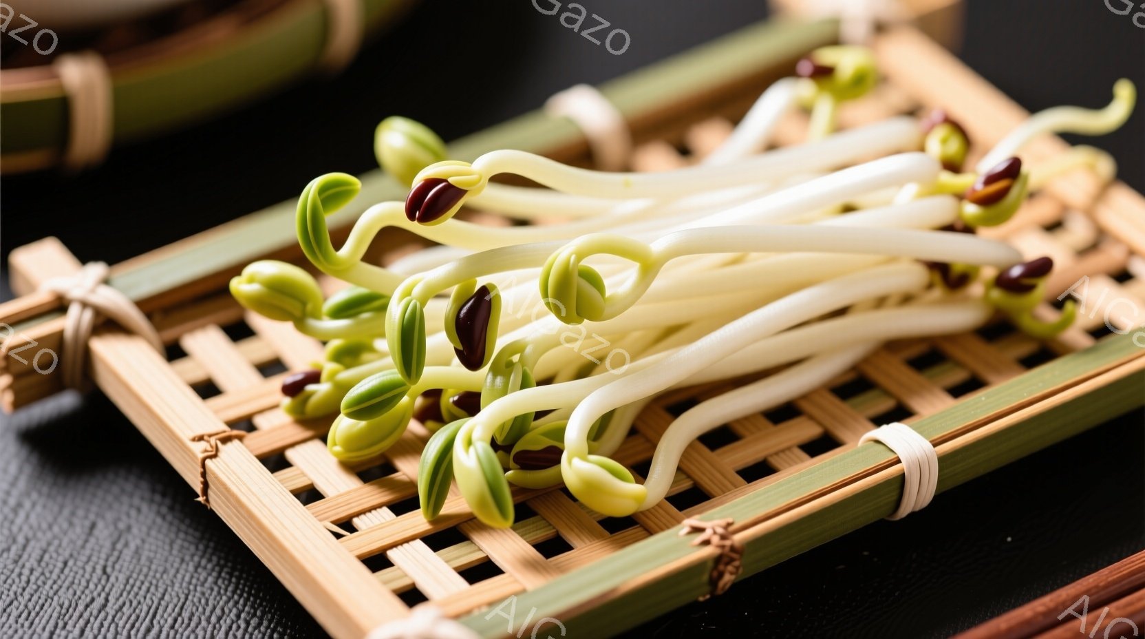 発芽した豆の芽が竹かごの上に置かれている様子を捉えています。豆の芽は白く、先端が緑色で、力強く成長しているように見えます。背景は暗い木製の表面で、竹かごの自然な色合いを引き立てています。 - AI生成フリー素材