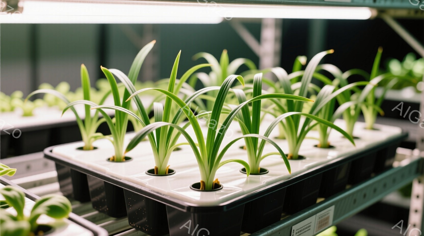 白いトレイに植えられた、まだ幼い苗が整然と並んでいます。黒い受皿に収められた苗は、緑色の葉を太陽に向かって伸ばし、成長の初期段階を捉えています。背景には、同様の苗が置かれた棚が見え、室内栽培の様子を表しています。