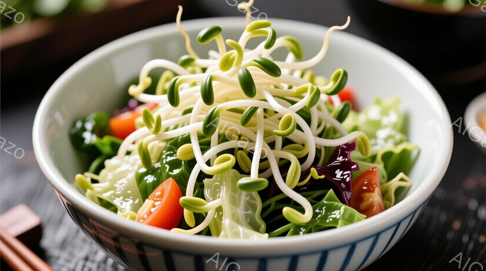 白地に青い縞模様の丼に、様々な色のサラダが盛り付けられています。鮮やかな緑色の豆苗、赤いトマト、紫色のキャベツ、オレンジ色の人参などが混ざり合い、彩り豊かです。背景には、他の料理や箸が見え、日本の食卓を思わせる雰囲気です。