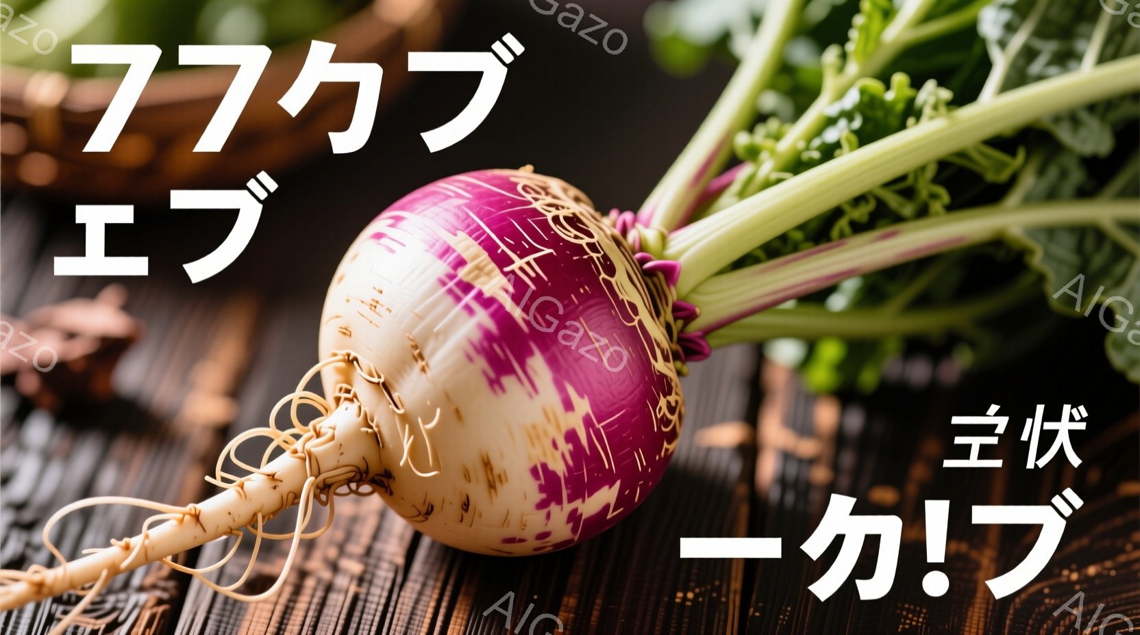 白くて紫色の縞模様のダイコンが、茶色のざらざらした背景に置かれています。根はねじれていて、緑色の葉がいくつか付いています。全体的に、自然でシンプルな、食材に焦点を当てた写真です。