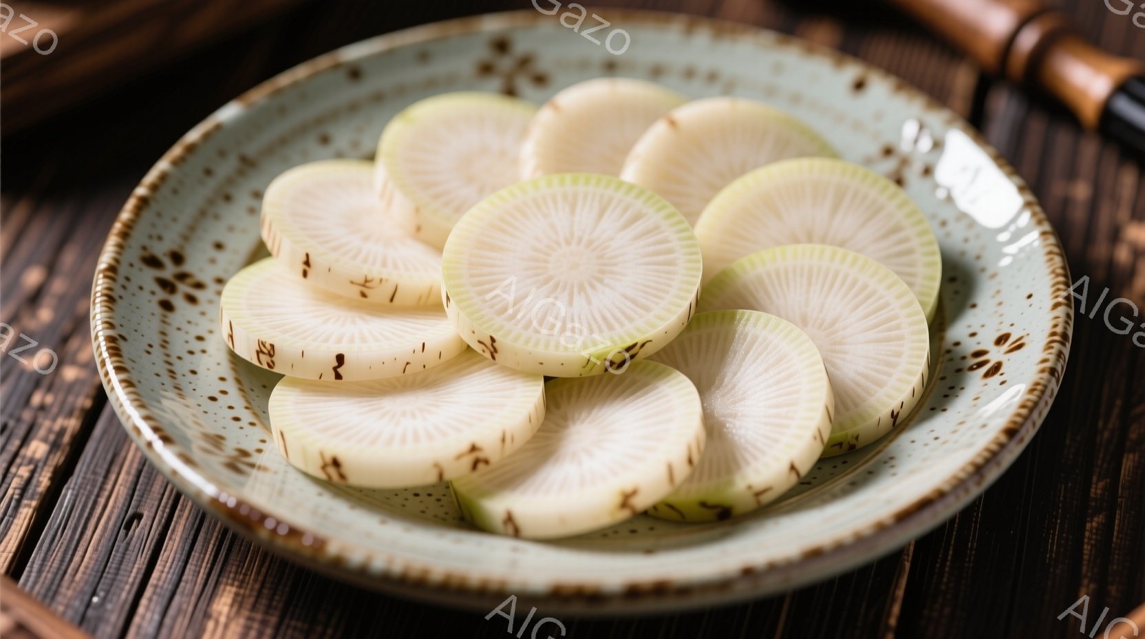 薄くスライスされた大根が、淡い緑色の縁取りのある陶器の皿に盛り付けられています。木製のテーブルが背景に見え、全体的にシンプルでナチュラルな雰囲気が漂っています。大根の断面からは瑞々しさが感じられ、食欲 - AI生成フリー素材