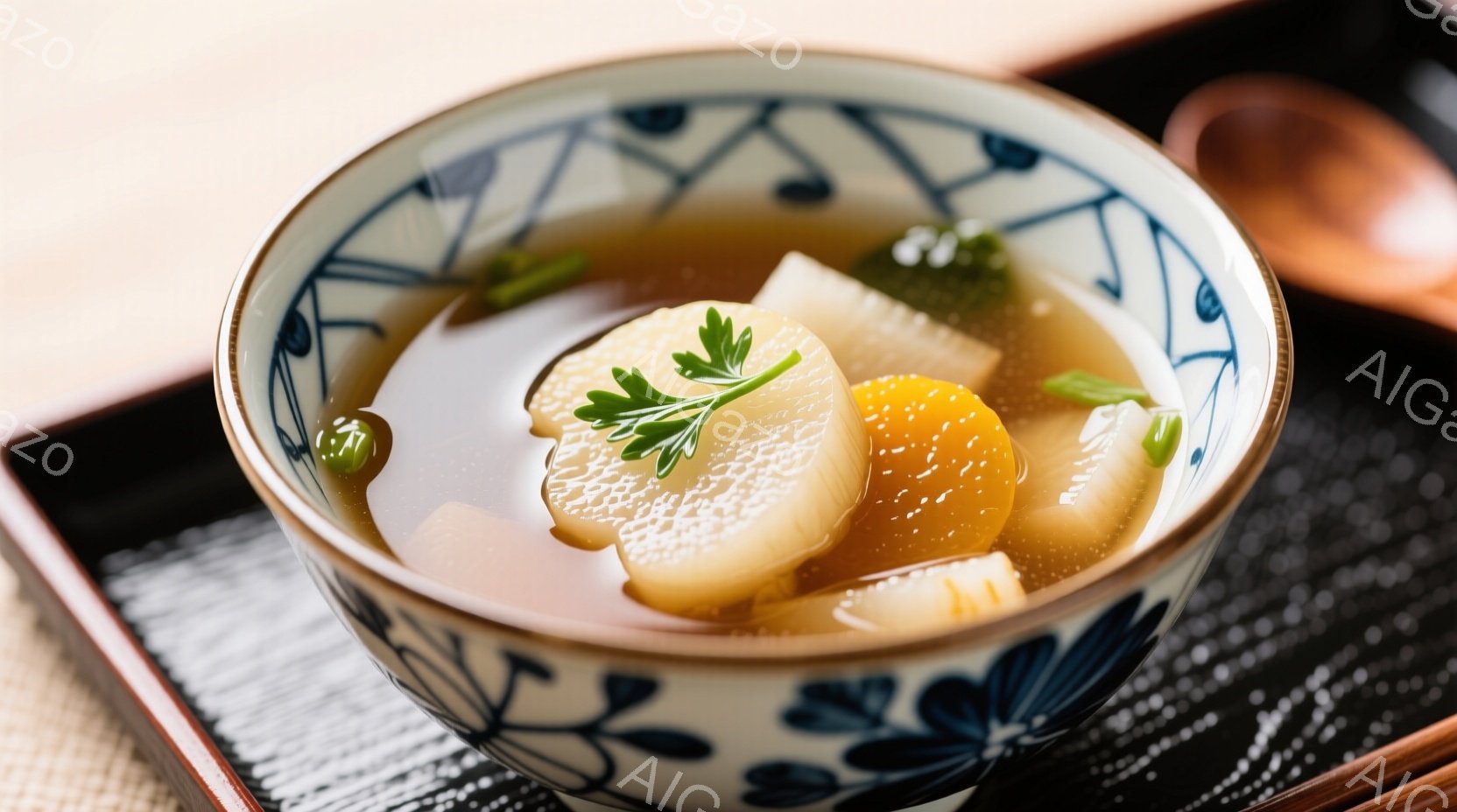 白い磁器の茶碗に、湯通しされた里芋と人参が上品に盛り付けられています。茶碗は紺色の繊細な模様が描かれており、背景には黒い膳と白い敷物が敷かれています。全体的に落ち着いた色合いで、素材の味を生かした和食の雰囲気が漂います。