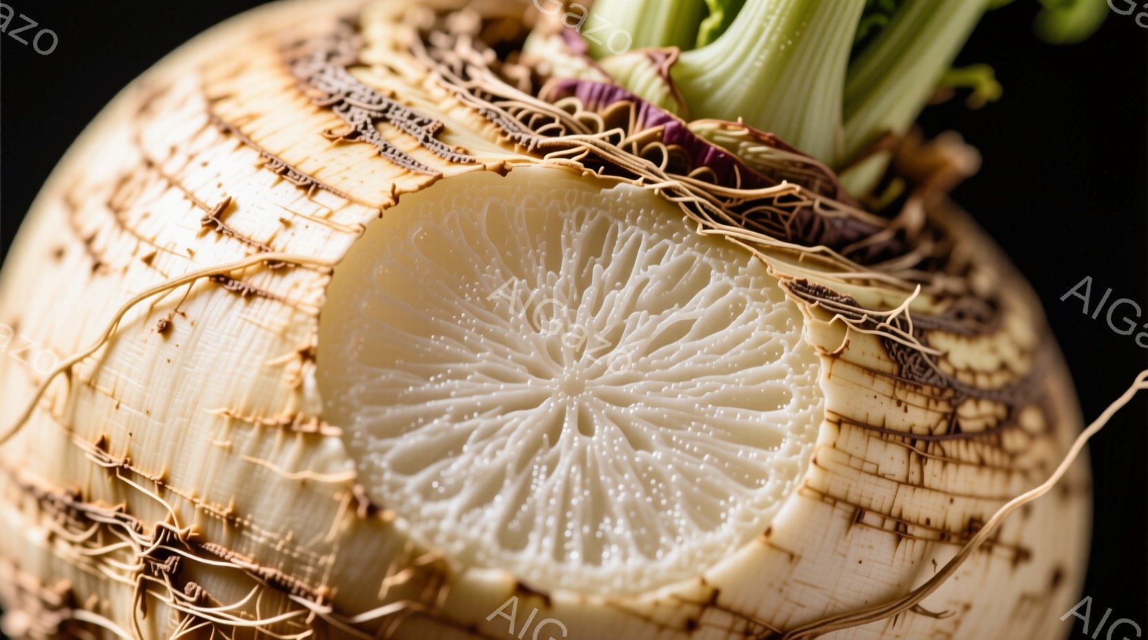 切りたてのレンコンの断面が中央に大きく写っている。白い根の部分が放射状に広がり、複雑な模様が美しい。黒い背景が根の白さを際立たせ、自然の造形美を強調している。