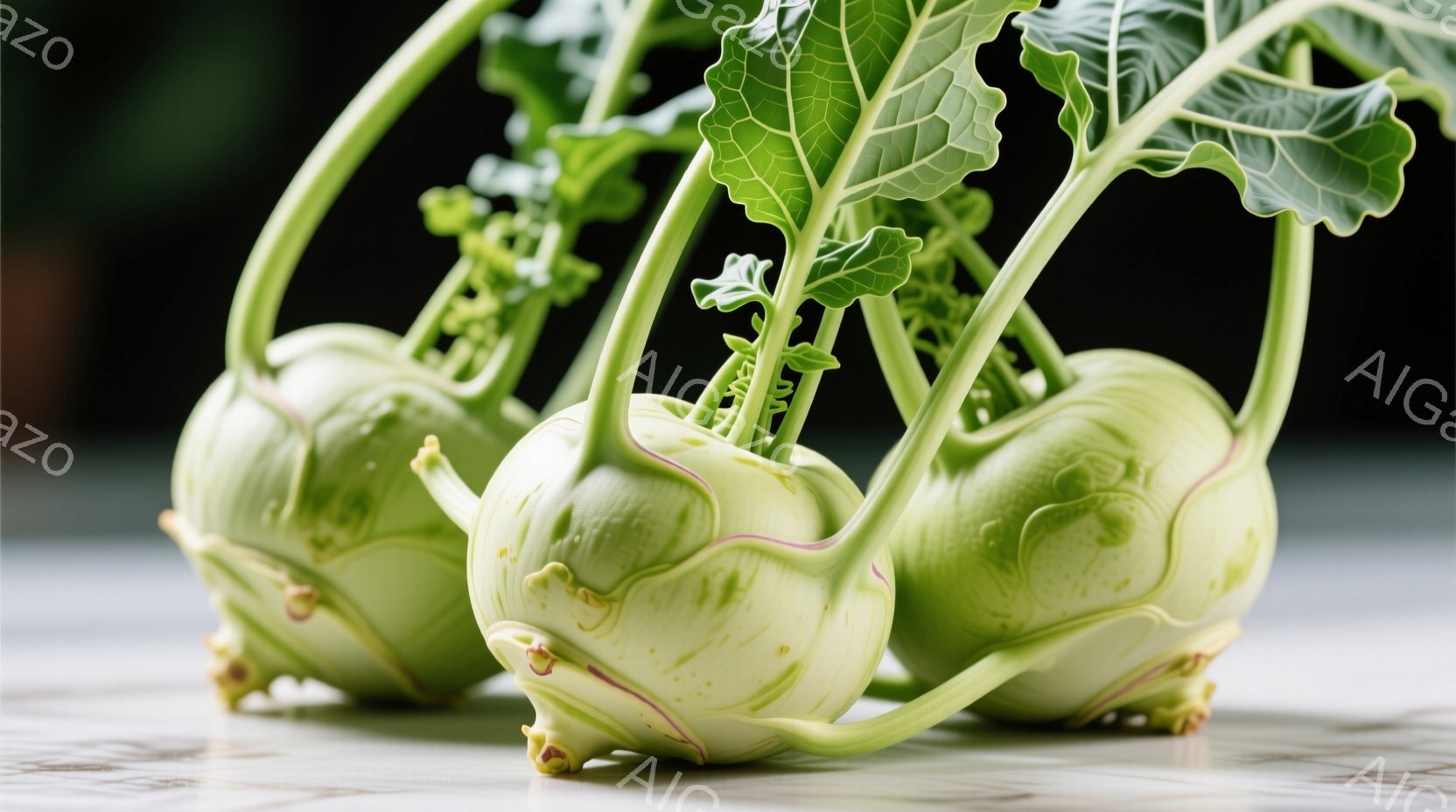 白くて緑色のまだら模様の蕪が数個、白い大理石のような表面の上に置かれています。蕪にはまだ緑色の葉がついており、丸みを帯びた形が強調されています。背景は暗く、蕪の鮮やかな色が際立っており、シンプルで洗練 - AI生成フリー素材