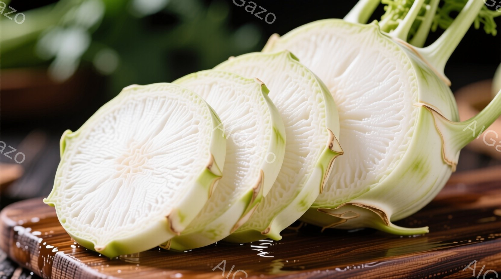 切りたての白菜が、木製のプレートの上に並べられています。断面からは水分が見て取れ、瑞々しさが感じられます。背景は暗く、白菜の白さが際立っており、自然でシンプルな雰囲気を醸し出しています。 - AI生成フリー素材