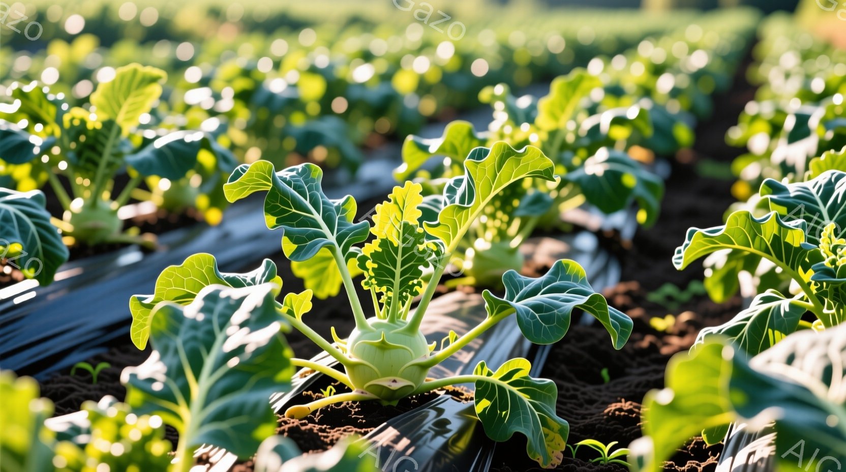 畑には、黒いマルチングシートの上で成長する若いキャベツが密集して並んでいます。キャベツはまだ小さく、鮮やかな緑色と黄色の葉が特徴で、太陽光を浴びて生気に満ちています。背景はぼやけており、農地の広がりと穏やかな日差しが感じられる、静かで平和な雰囲気です。