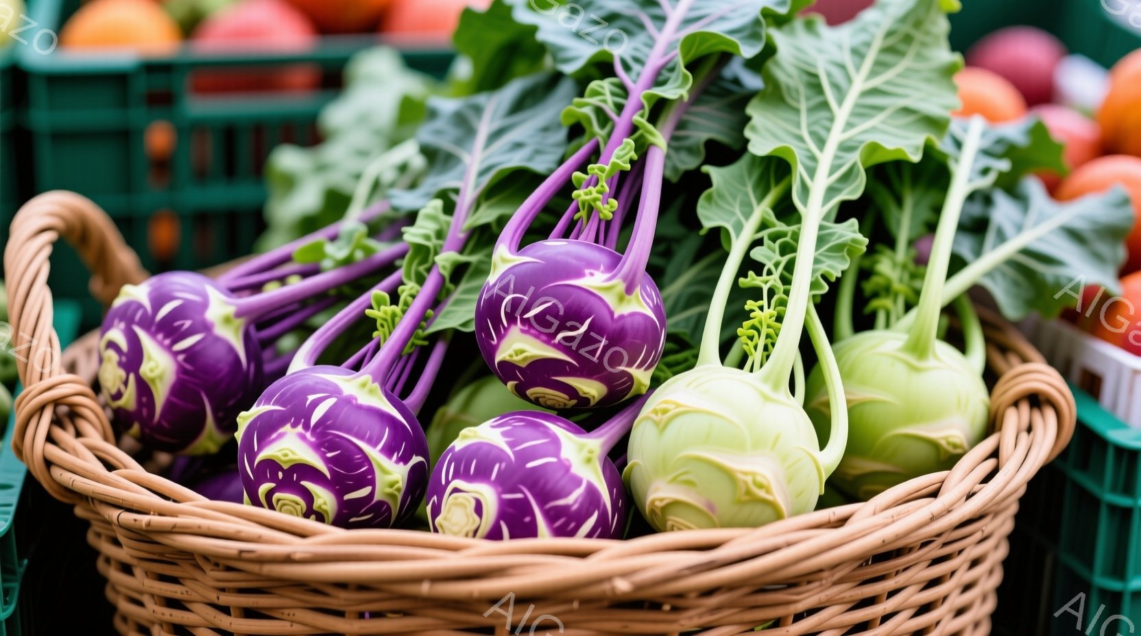 籐編みのバスケットに紫と緑色のカラフルなカブが山積みにされています。葉は鮮やかな緑色で、カブの紫色の部分は丸みを帯びており、それぞれが独特の模様を持っています。背景には、他の果物や野菜がわずかに見え、 - AI生成フリー素材